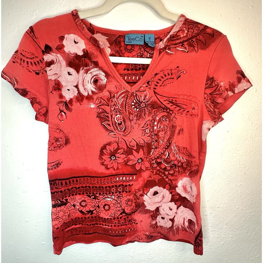 Vtg Red And Black Floral And Paisley Size Small Blouse